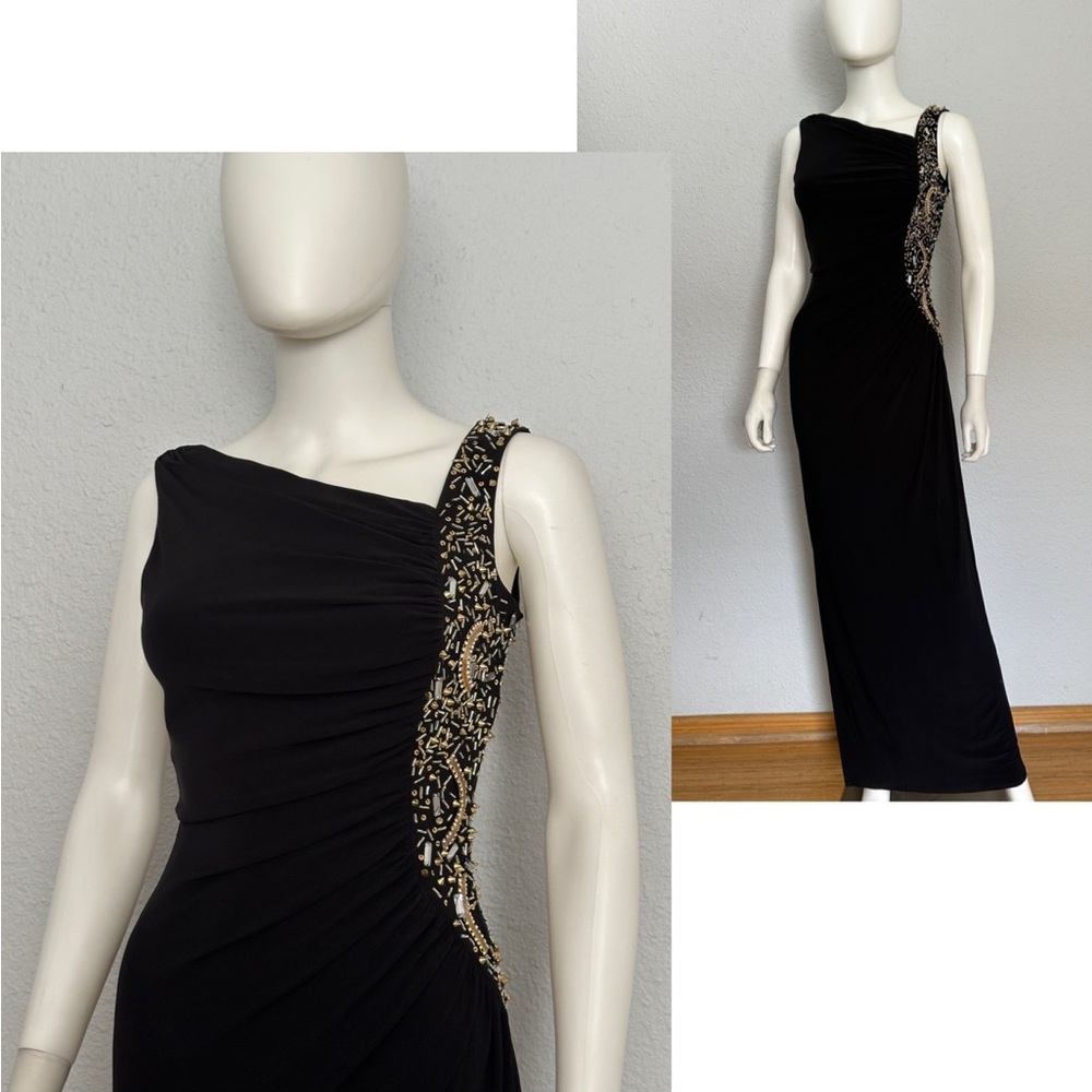 NWT Elegant One-Shoulder Black Gown‎ Formal Asymmetrical Neck Long Beaded Dress